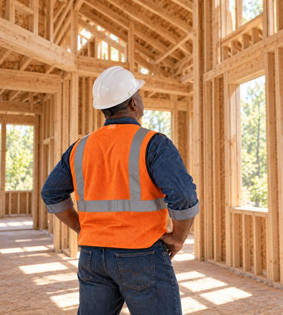 Curtis Austin on site, seen from behind, looking through a framed house