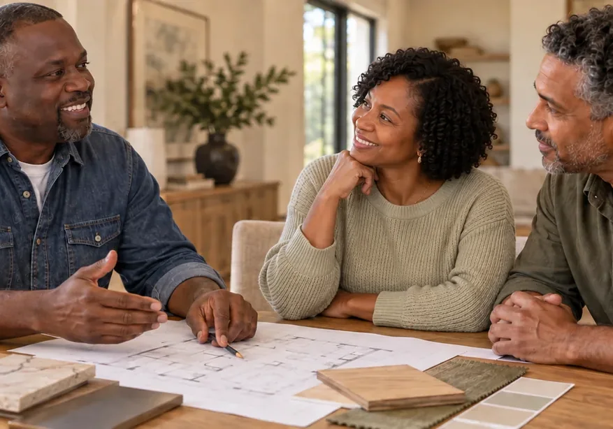 Curtis Austin talking with two clients over plans and samples at a table