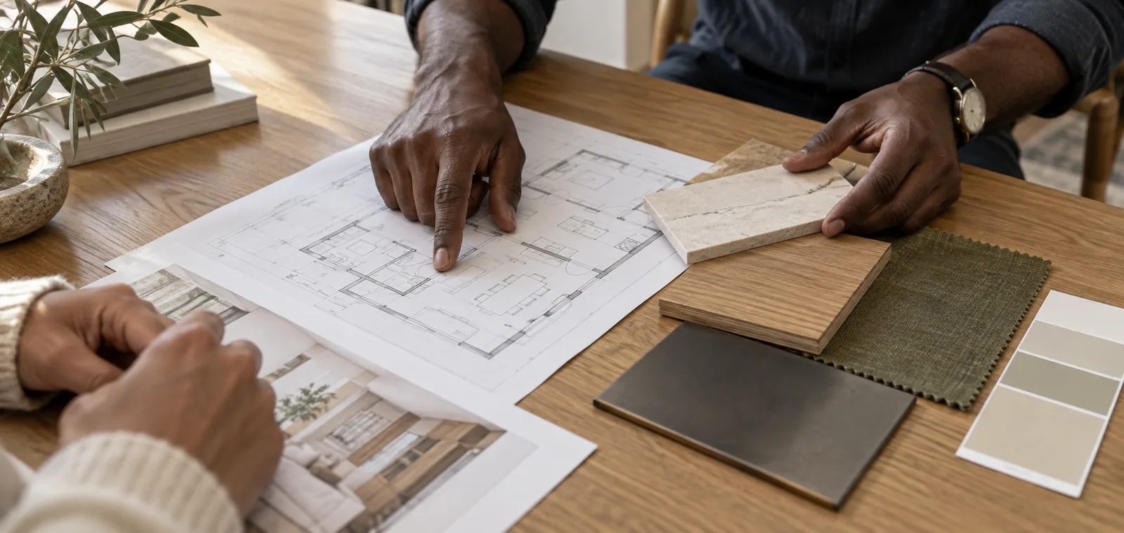 Two pairs of hands over a floor plan, with stone, wood, fabric and paint samples beside it