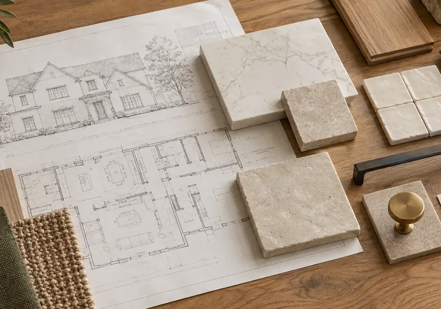 Drawings, stone and tile samples, wood flooring, fabric and paint colours laid out on a table
