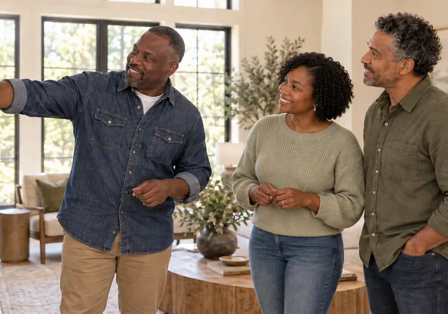 Curtis Austin showing two clients the fireplace in a finished, furnished room