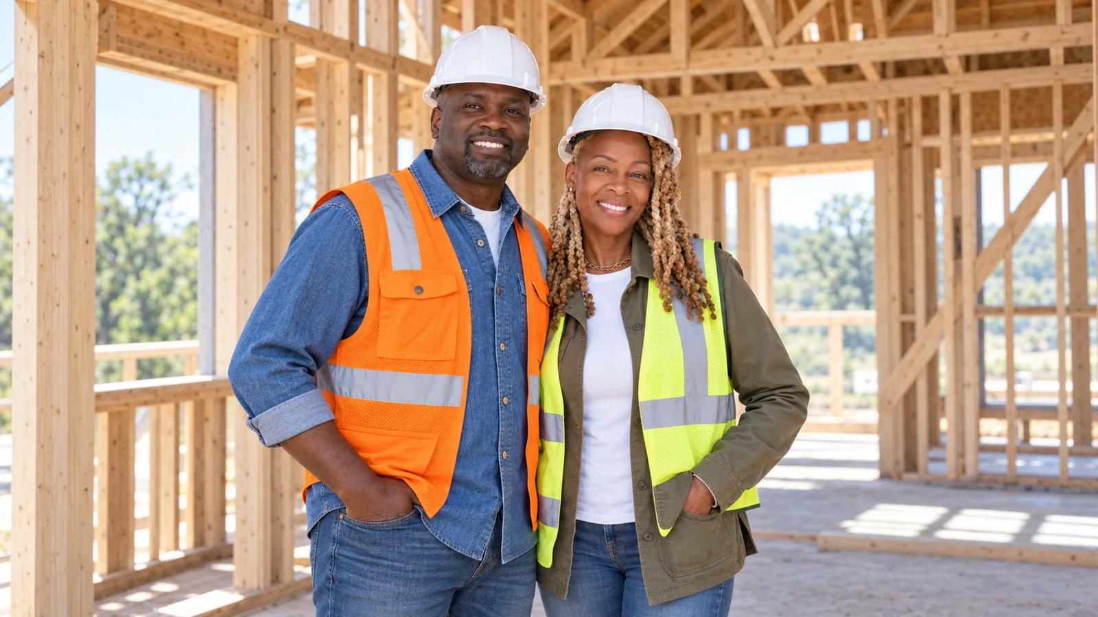 Curtis Austin and Roline Saunders Austin on site in hard hats, framing behind them