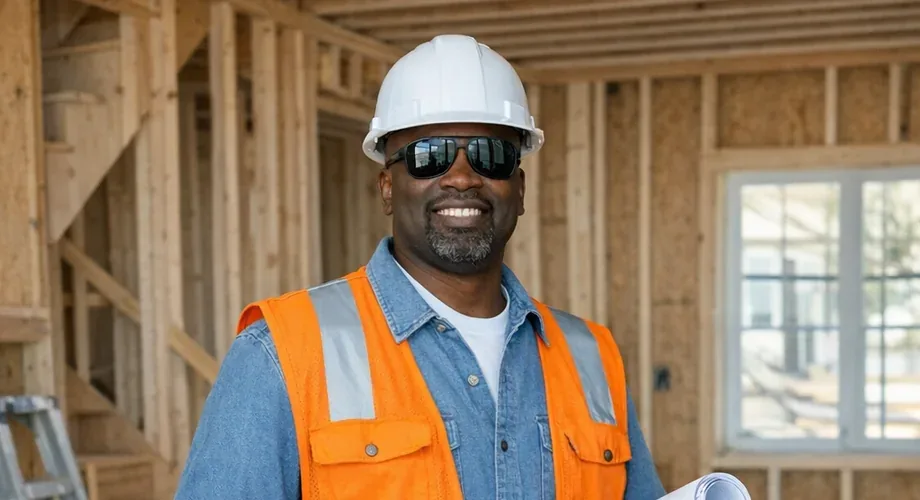 Curtis Austin on site, framing behind him