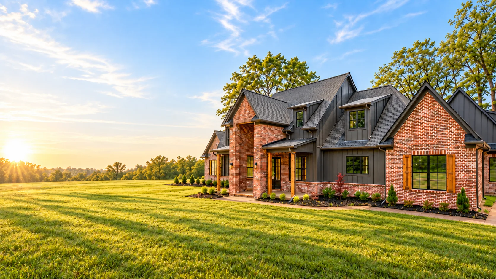 A red brick and dark board-and-batten home at sunset, across an open lawn