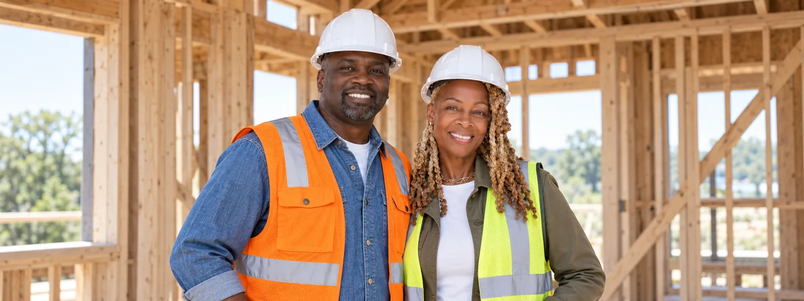 Curtis Austin and Roline Saunders Austin on site, in hard hats in front of a framed house