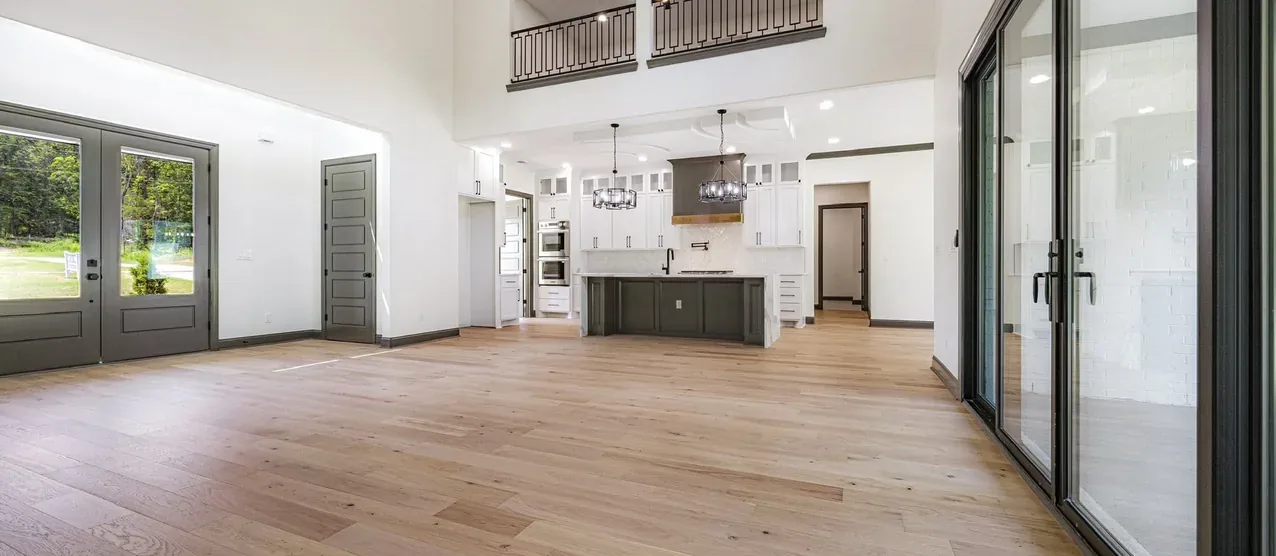 A finished kitchen open to the living room