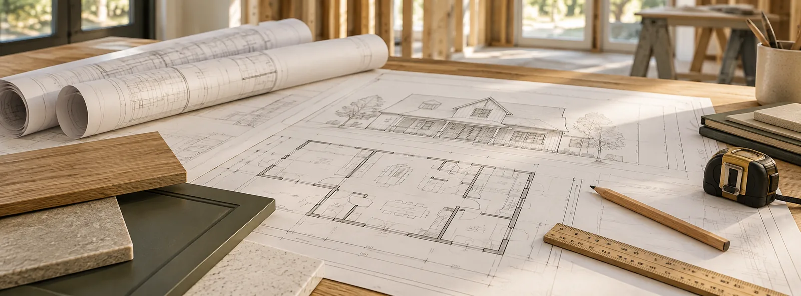 Plans, a scale rule and material samples laid out on a table